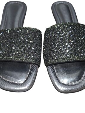 Beira Rio Black Rhinestone Slide Sandals Metallic Silver Footbed Size 6